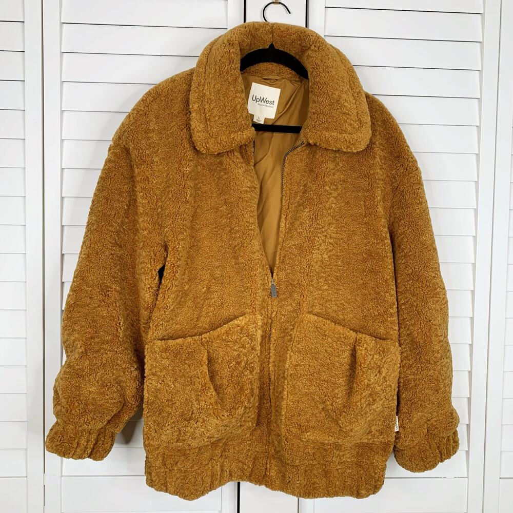 UpWest Teddy Bear Sherpa Bomber Jacket‎ Large Tan Camel SOFT Pockets Faux Fur